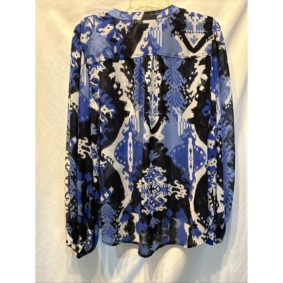 Chico's Blue Ikat Blouse Size 12 Billow Sleeves Sheer Chiffon Bohemian Career - Picture 9 of 9